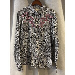 Sherry Cervi Cowgirl Pearl Snap Animal Print Button Up Long Sleeve Size Large